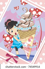 Play Time with Cute Friends in funny festival - happy anniversary day with pretty young girl and big sweet present in lovely photo frame on a background of romantic pink pattern