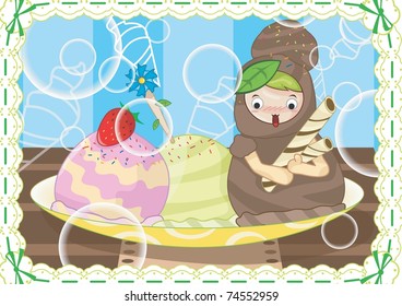 Play Time with Cute Friends - happy young child with funny face and sweet chocolate cookies on dessert dish background with blue wallpaper and brown pattern