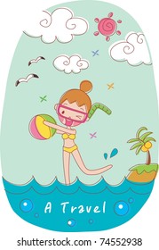 Play Time with Cute Friends - swimming lovely smiling young girl with colorful beach ball on happy summer vacation background with blue sky and beautiful water