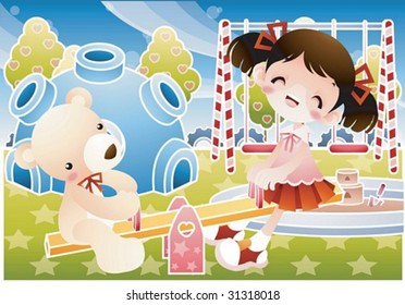 Play Time - enjoy break time with a lovely young girl and a cute rag doll in the playground on clear sunny day on background with beautiful, bright blue sky and green field : vector illustration