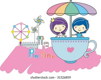 Play Time - enjoy exciting rides with cute young girl and boy in the amusement park on joyful holiday on white and pink background : vector illustration