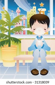 Play Time - enjoying break time with a cute boy in the staff lounge on background with beautiful, dark blue sky and urban scape : vector illustration
