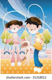 Play Time - enjoying break time with a lovely young girl and a funny boy in the playground on clear sunny day on background with beautiful, bright blue sky and yellow sand field : vector illustration