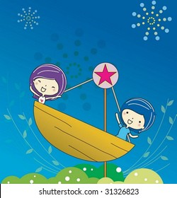 Play Time - enjoying exciting rides with cute young girl and boy in the amusement park on joyful holiday on blue background : vector illustration