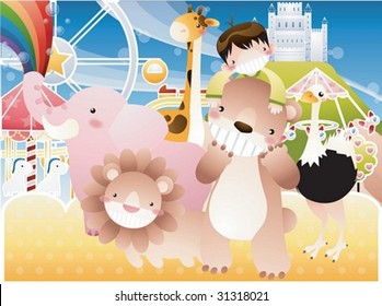 Play Time - enjoying leisure with a cute young boy and funny animal friends in the amusement park on joyful holiday on background with beautiful, bright blue sky and yellow field : vector illustration