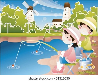 Play Time - enjoying leisure with a lovely young girl and cute boy in the isolated country village on clear sunny day on background with beautiful, bright blue sky and calm lake : vector illustration