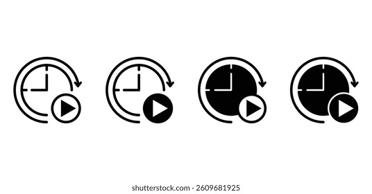 Play Time Icon Set Circular Clock with Play Button, Black and White Vector Illustration