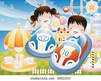 Play Time with Joyful Children - enjoying pleasure park festival with happy smiling cute friends in the theme park on holiday on a background of blue sky and exciting many rides : vector illustration