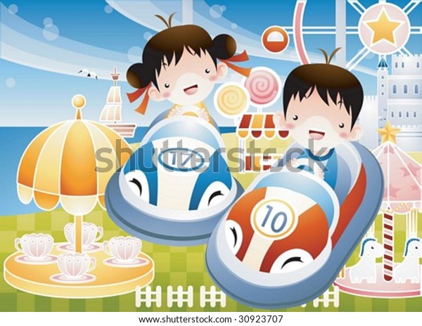Play Time with Joyful Children - enjoying\
pleasure park festival with happy smiling cute friends in the theme\
park on holiday on a background of blue sky and exciting many rides\
: vector illustration
