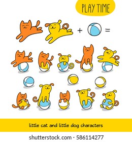 Play time. Little cat and dog are playing toy balls. Set of cute animal characters and graphic elements for kids design. Cartoon hand drawn style. Perfect for wrapping, packaging, textile.