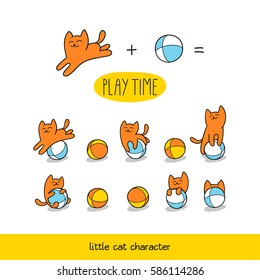 Play time. Little ginger cat is playing toy balls.Set of cute animal character and graphic elements for kids design. Cartoon hand drawn style. Perfect for wrapping, packaging, textile.