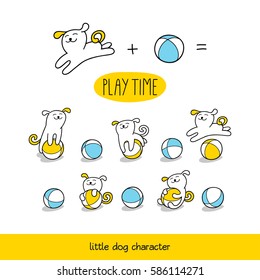 Play time. Little white dog is playing toy balls. Set of cute animal character and graphic elements for kids design. Cartoon hand drawn style. Perfect for wrapping, packaging, textile.