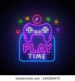 Play time. Logo of the game. Joystick. Neon bright signboard, emblem, banner