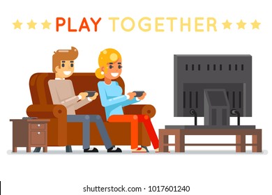 Play together gamer young girl boy watching tv playing game sit couch cartoon character flat design vector illustration