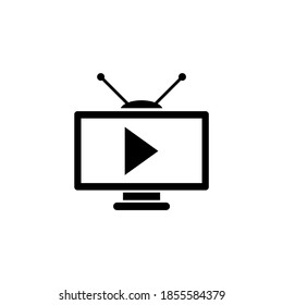 Reproducir el programa de TV Channel, Televisión. Icono de vector plano. Sencillo símbolo negro sobre fondo blanco. Reproducir programa de canal de TV, plantilla de diseño de signo de televisión para elemento de interfaz de usuario web y móvil