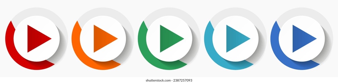 Play vector icon set, flat design colorful round icons in 5 color options for webdesign and mobile applications