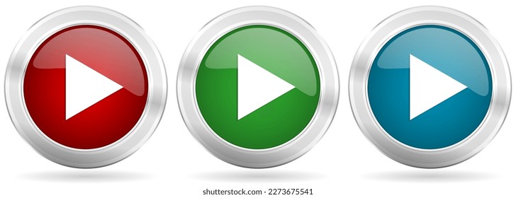 Play vector icon set. Red, blue and green silver metallic web buttons with chrome border