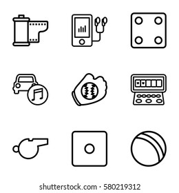 play vector icons. Set of 9 play outline icons such as ball, Dice, Slot machine, mp3 player, car music, camera tape, whistle