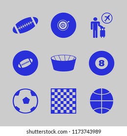 play vector icons set. with billiard ball, basketball ball, tourist flying and soccer ball in set