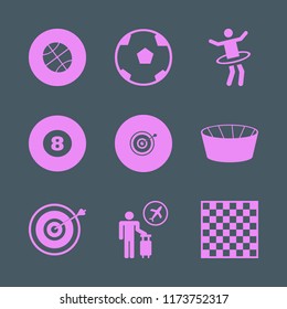 play vector icons set. with chess board, tourist flying, soccer ball and gymnastic hula hoop in set