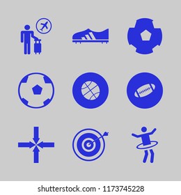 play vector icons set. with football ball, football shoe, gymnastic hula hoop and rugby ball in set