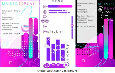 Play. Vibrant template background for music program with custom buttons, bars and icons.