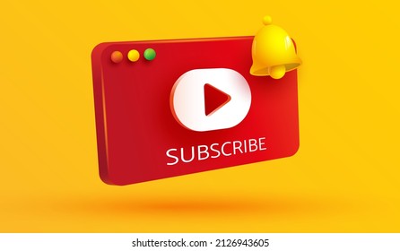 Play video button icon. Media player sign or subscribe symbol with yellow bell sign on yellow background for social media reminder. 3d vector illustration style