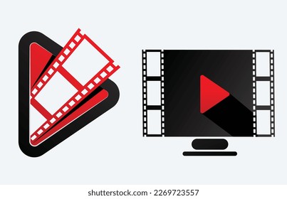 El juego de botones de reproducción de vídeo de 2 iconos puede utilizarse como logotipo o símbolo. icono de inicio de película con tira de película saliendo de ella. Mejor logo para un reproductor de música. botón multimedia para clips y medios.