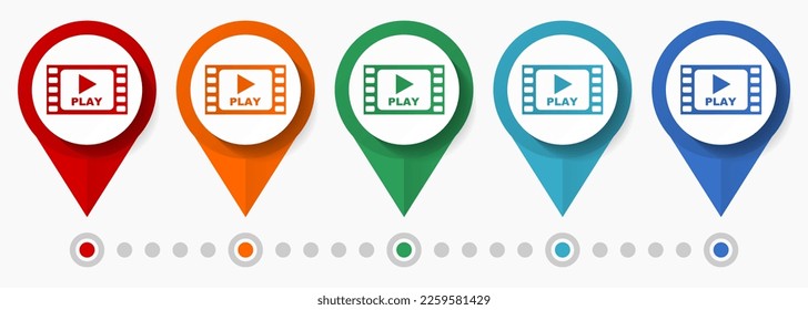 Reproducir video, concepto de cine conjunto de iconos vectoriales, punteros de diseño plano, plantilla infográfica