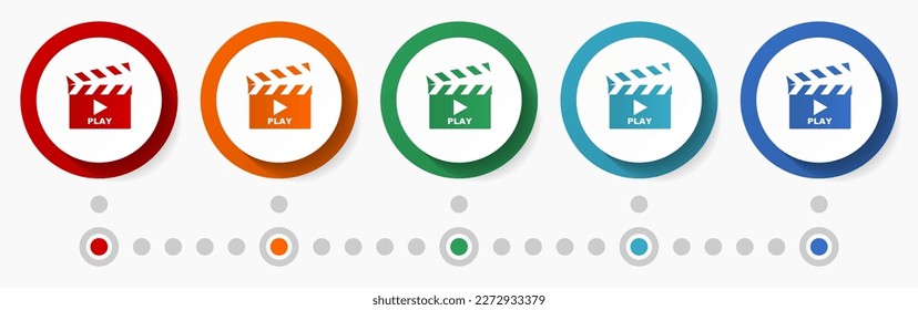 Play video, cinema concept vector icon set, flat design colorful buttons, infographic template in 5 color options