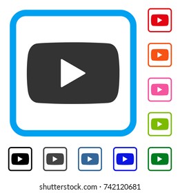 Play Video icon. Flat grey iconic symbol in a light blue rounded squared frame. Black, gray, green, blue, red, orange color variants of Play Video vector.