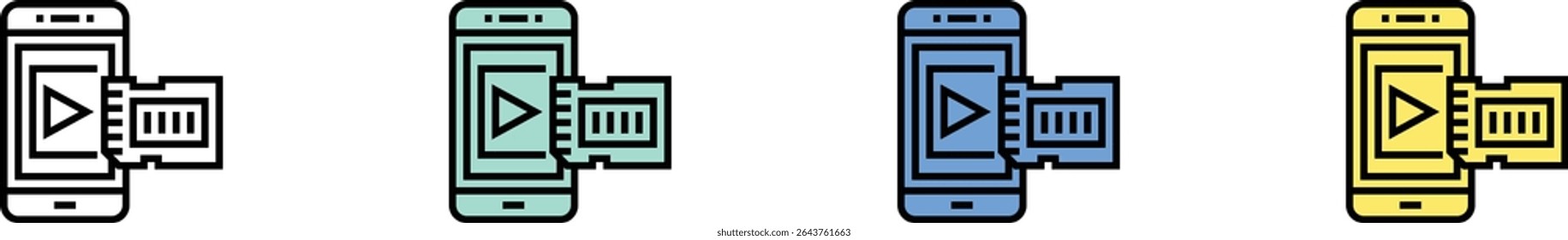 play video icon. Outline, Green, Blue and Yellow Style Design Isolated On White Background