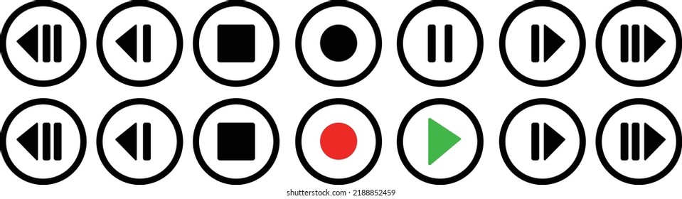 Wiedergeben von Videosymbol, Pause, Stopp, Stopp, Skip, Record Icon, roten Tasten Zeichen, Vektorgrafik einzeln auf weißem Hintergrund . Vektorgrafik EPS10.