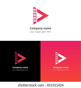 Play video media and movie strips logo icon vector template. Abstract symbol and button with red-pink gradient for music service or company.