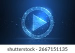 Play video. Polygonal wireframe play icon looks like constellation on dark blue night sky with dots and stars. Video, movie, player or other concept illustration or background