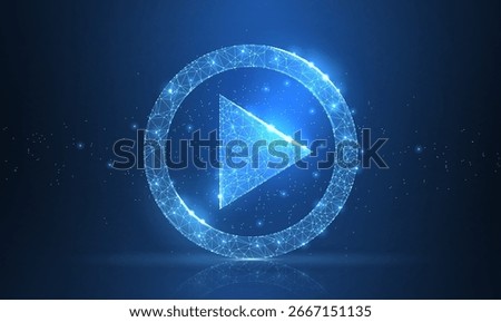 Play video. Polygonal wireframe play icon looks like constellation on dark blue night sky with dots and stars. Video, movie, player or other concept illustration or background