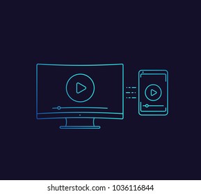 play video, screen mirroring with TV and smartphone vector linear icon
