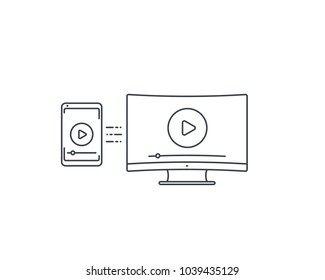 reproducir vídeo, espejado de pantalla con el icono de línea vectorial de TV y smartphone en blanco