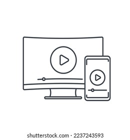 play video, screen mirroring with TV and smartphone line icon