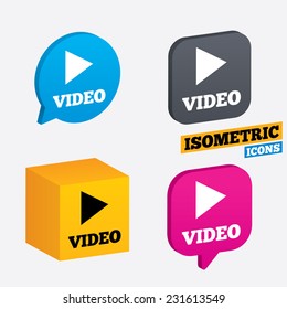 Play video sign icon. Player navigation symbol. Isometric speech bubbles and cube. Rotated icons with edges. Vector