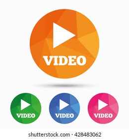 Play video sign icon. Player navigation symbol. Triangular low poly button with flat icon. Vector