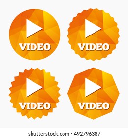 Play video sign icon. Player navigation symbol. Triangular low poly buttons with flat icon. Vector
