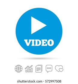 Play video sign icon. Player navigation symbol. Copy files, chat speech bubble and chart web icons. Vector