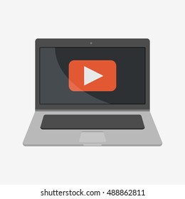 Play video sign. Laptop vector illustration icon. Flat design style. Laptop icon. macbook, mac, imac, apple. Laptop vector. Apple vector. Macbook vector. iMac vector. Stock illustration. Mac icon. 