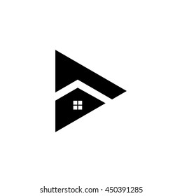 play video triangle house window property logo vector