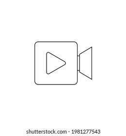 Reproducir un icono simple vector de vídeo con cámara de vídeo y triángulo dentro. Icono de vector aislado de línea y contorno. 