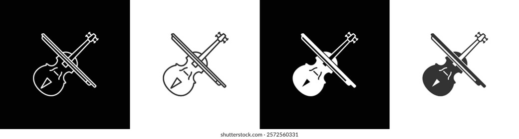 Play violin with bow icon set. String musical instrument vector icon for music. Violin icon vector illustration in black, white and transparent background. Eps10
