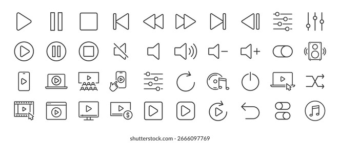 Web-Symbole im Linienstil wiedergeben. Kino, Lautsprecher, online, Bild, Play-Taste, Musik, Sammlung. Vektorgrafik.	