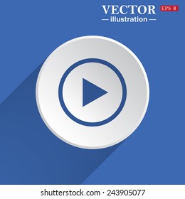 play, white circle on a blue background with shadow. Vector illustration, EPS 8