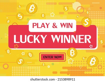 Play and Win Lucky Winner text on flat colorful geometric shapes background.